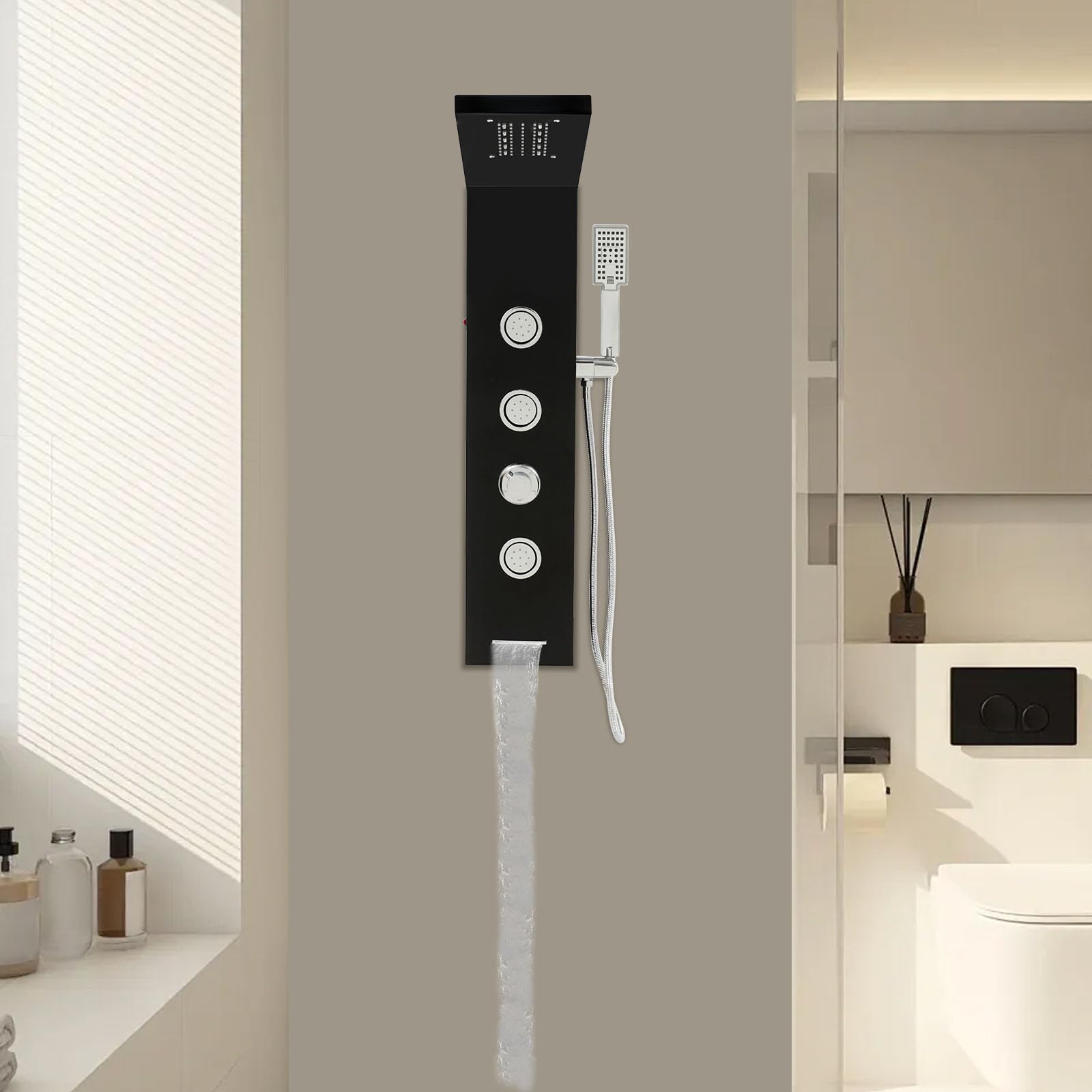 Panel de ducha con grifo, columna de ducha con iluminación LED, 3 chorros de masaje, sistema de ducha multifuncional de acero inoxidable, ducha de mano y ducha cascada (negro)