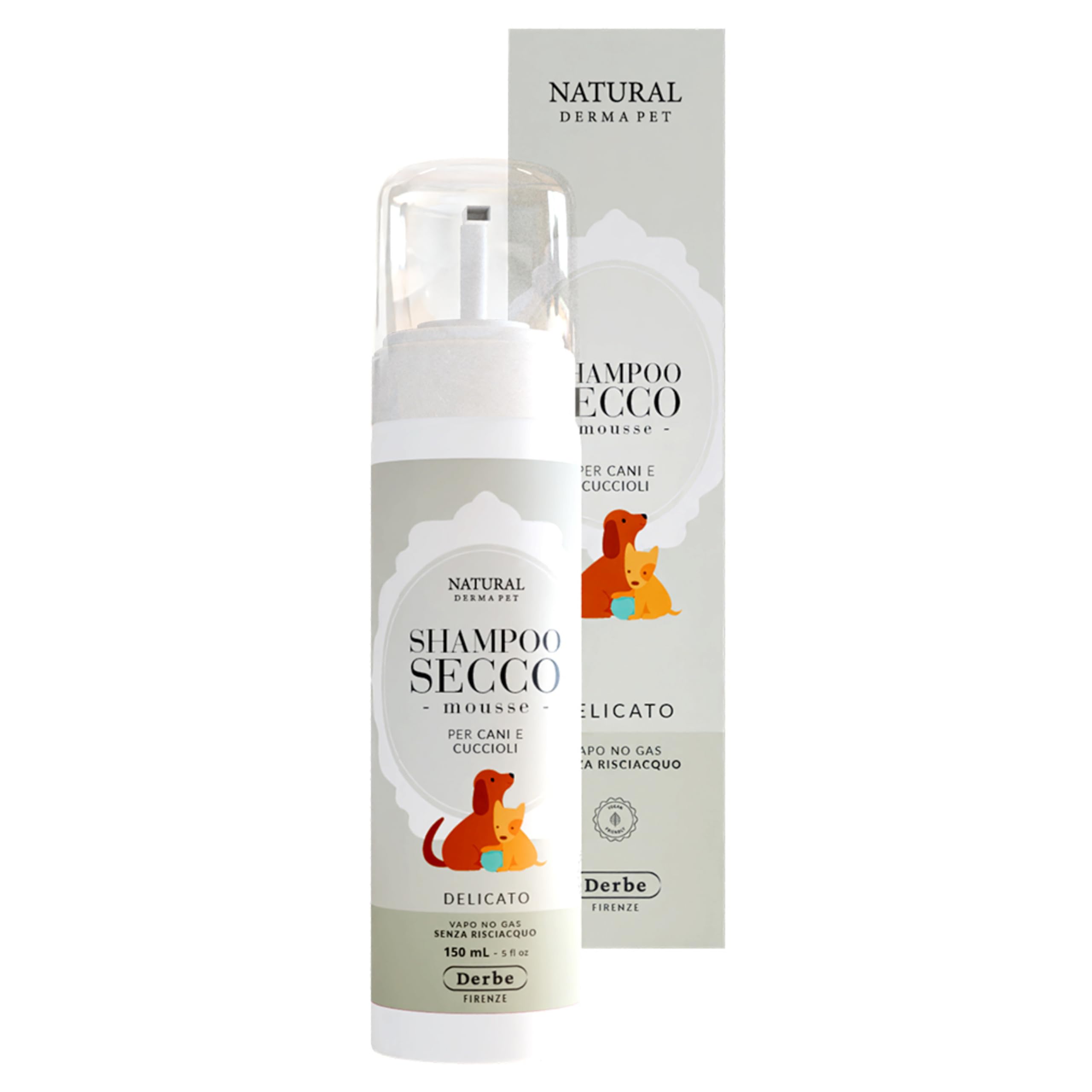 Natural Derma Pet Shampoo Secco per Cani – Mousse Delicata Senza Risciacquo per Cuccioli e Adulti – Azione Detergente per un Pelo Pulito, Morbido e Profumato – 150 ml – Made in Italy - 100% Vegan