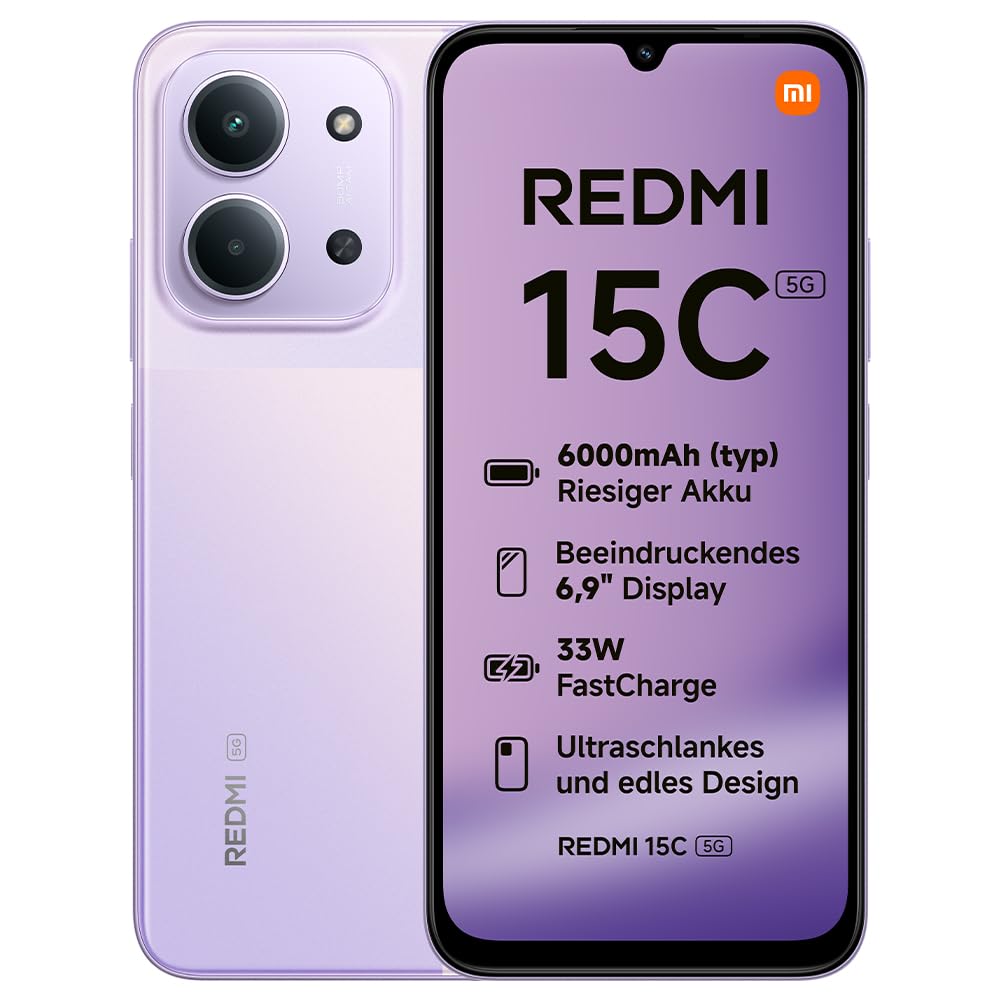 Xiaomi REDMI 15C 5G, Smartphone 4+256GB, 6,9" 120Hz Display, MediaTek Dimensity 6300 Prozessor 6nm Octa-Core, 50MP KI-Dualkamera, 6000mAh, Dämmerungslila