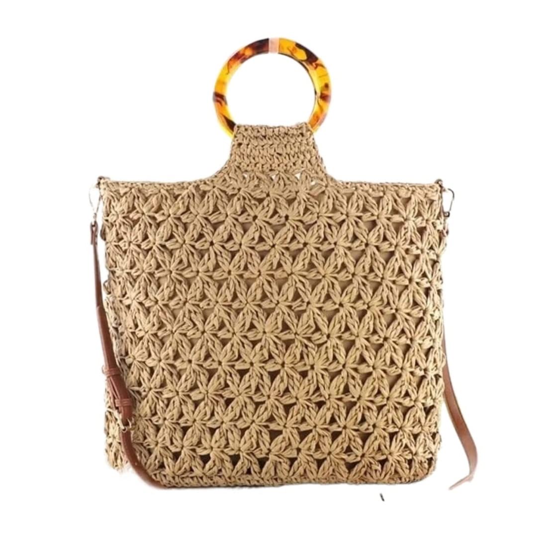 Korbtaschen Damen Stroh Gewebte Handtasche Umhängetasche Handhäkeltasche Schulter Gewebte Tasche Mode Gewebte Tasche Freizeit Weibliche Strandtasche Sommer Strand Geldbörse(Color:A)