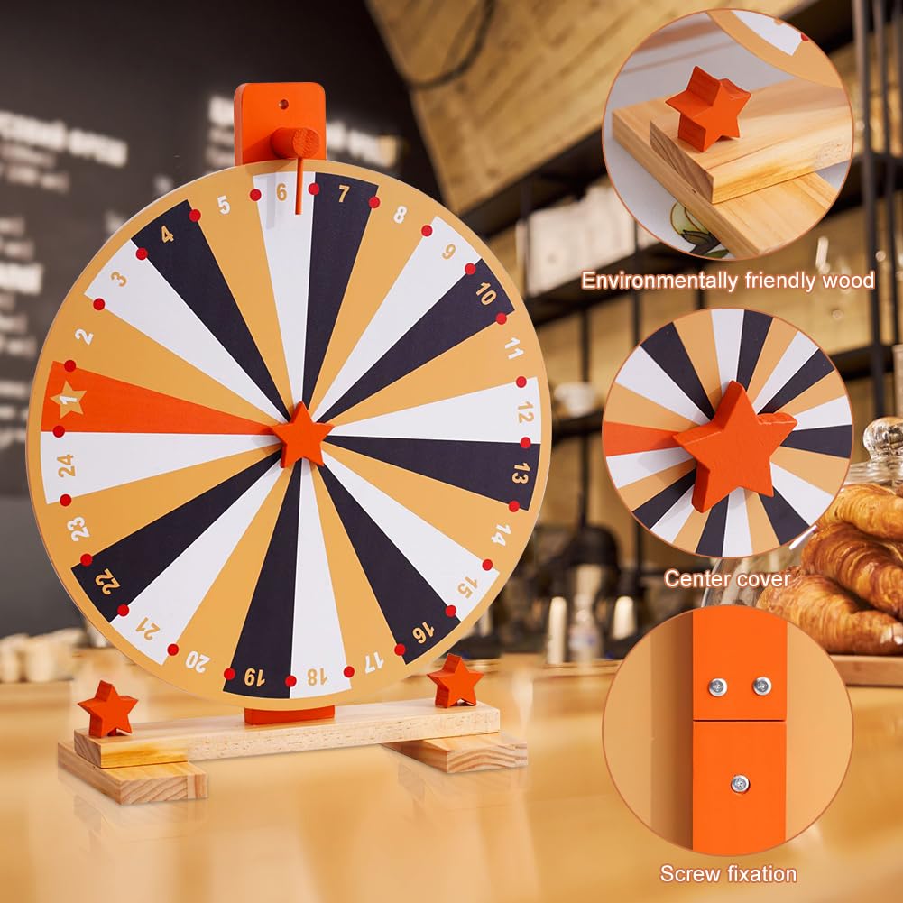 Glücksrad Holz, 37 cm Glücksrad zum Drehen, mit Markierungsstift und Radiergummi, 24 Slots Glücksrad Zum Selbstgestalten, Preisrad-Spinner mit Ständer, für Karneval, Messen, Hochzeit, Party