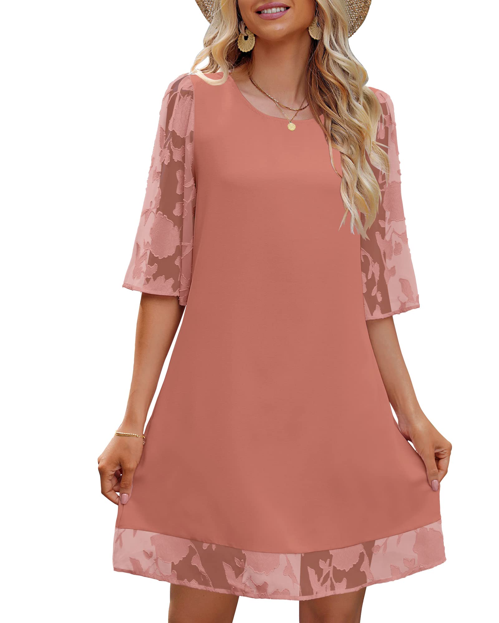 LookbookStore3/4 Sleeve Dress for Women Shift Cute Summer Tunic Floral Lace Dresses