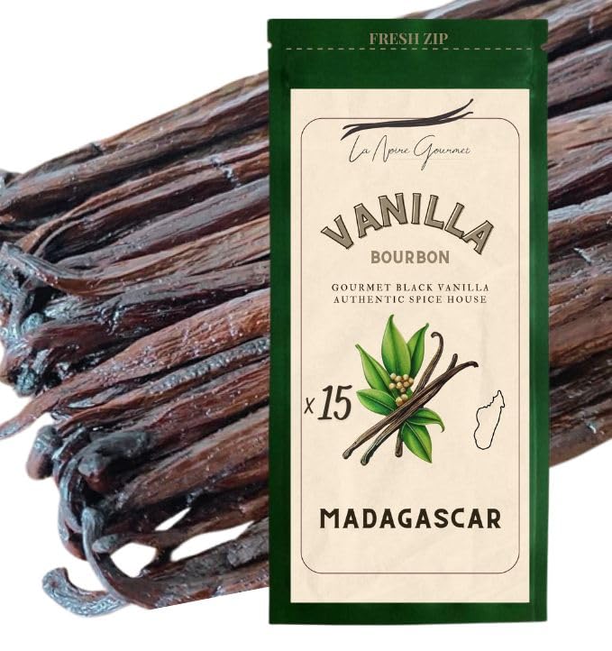 15 vainas de vainilla Bourbon Origen Madagascar tamaño 15 - 18 CM - La Noire Gourmet : Sabor auténtico e intenso - Bolsa fresca resellable con cremallera (15 unidades)