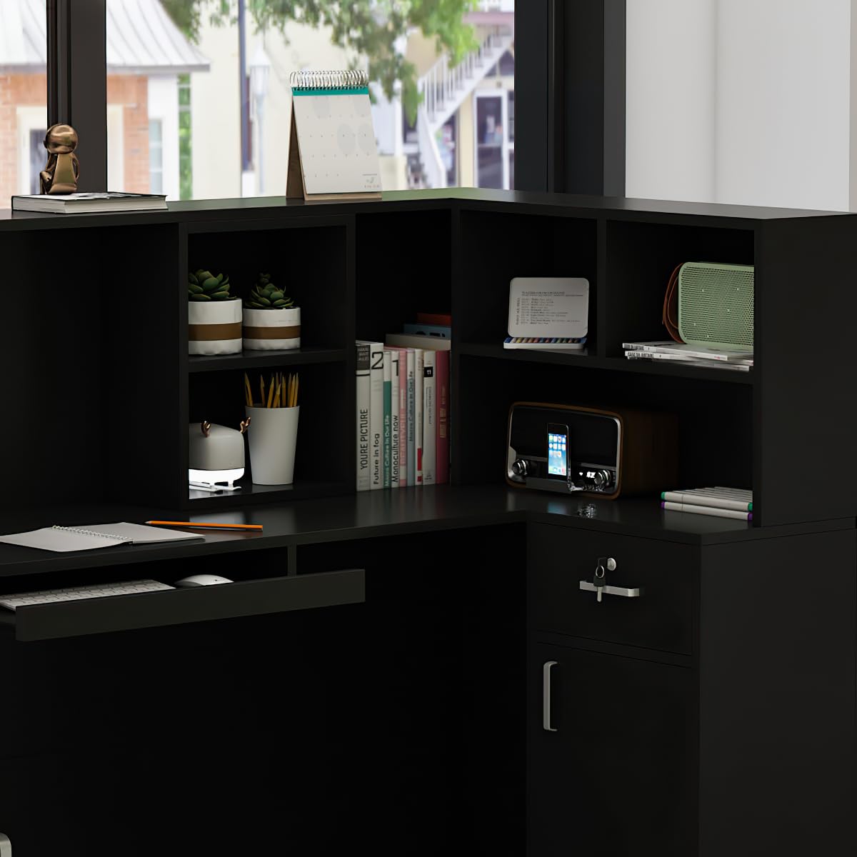 Banco reception, banco reception, tavolo da reception con vassoio per computer e ripiano rimovibile, banco reception con 1 cassetto e 1 armadio, banco reception, MDF, 140 x 80 x 120 cm