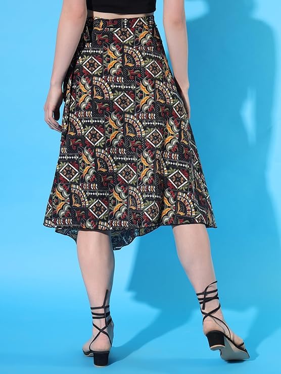 Image of GirlCode Women's Boho Floral Print Wrap Front Self Tie Knot Midi Skirt Women & Girls