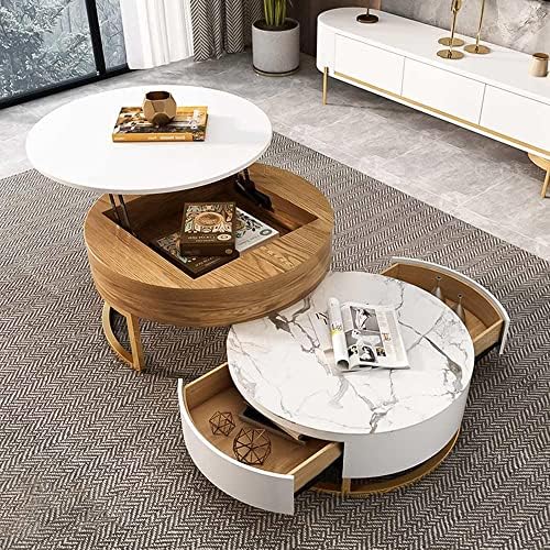 Lift-Top Round Coffee Table for Living Room, Modern Retractable Nesting Center Table with Sintered Stone Top, Fully-Assembled, Light Brown