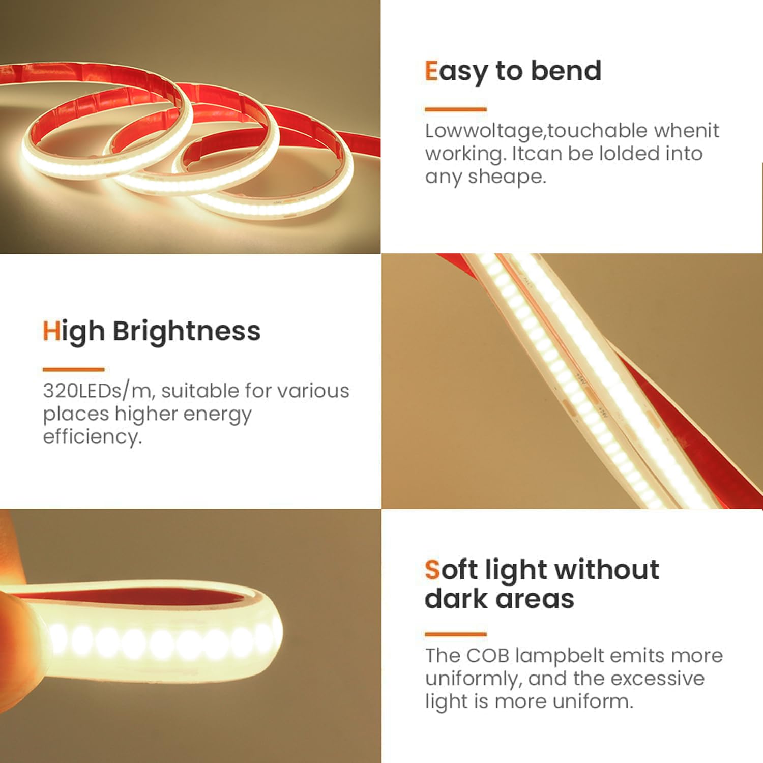 24V COB LED Streifen, 15M 320LEDs/m Superhell Flexibler LED Lichtband CRI≥85 Naturweiß COB LED Band, Wasserdichte IP68 LED Lichterketten mit Netzteil für Aquarium und Schrankbeleuchtung