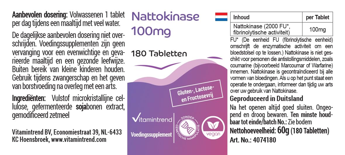 Vitamintrend Nattokinase 100mg, 180 tabletek po 100mg (21.800 FU/g), wysoka dawka, wegański, bez stearynianu magnezu, wyprodukowany w Niemczech