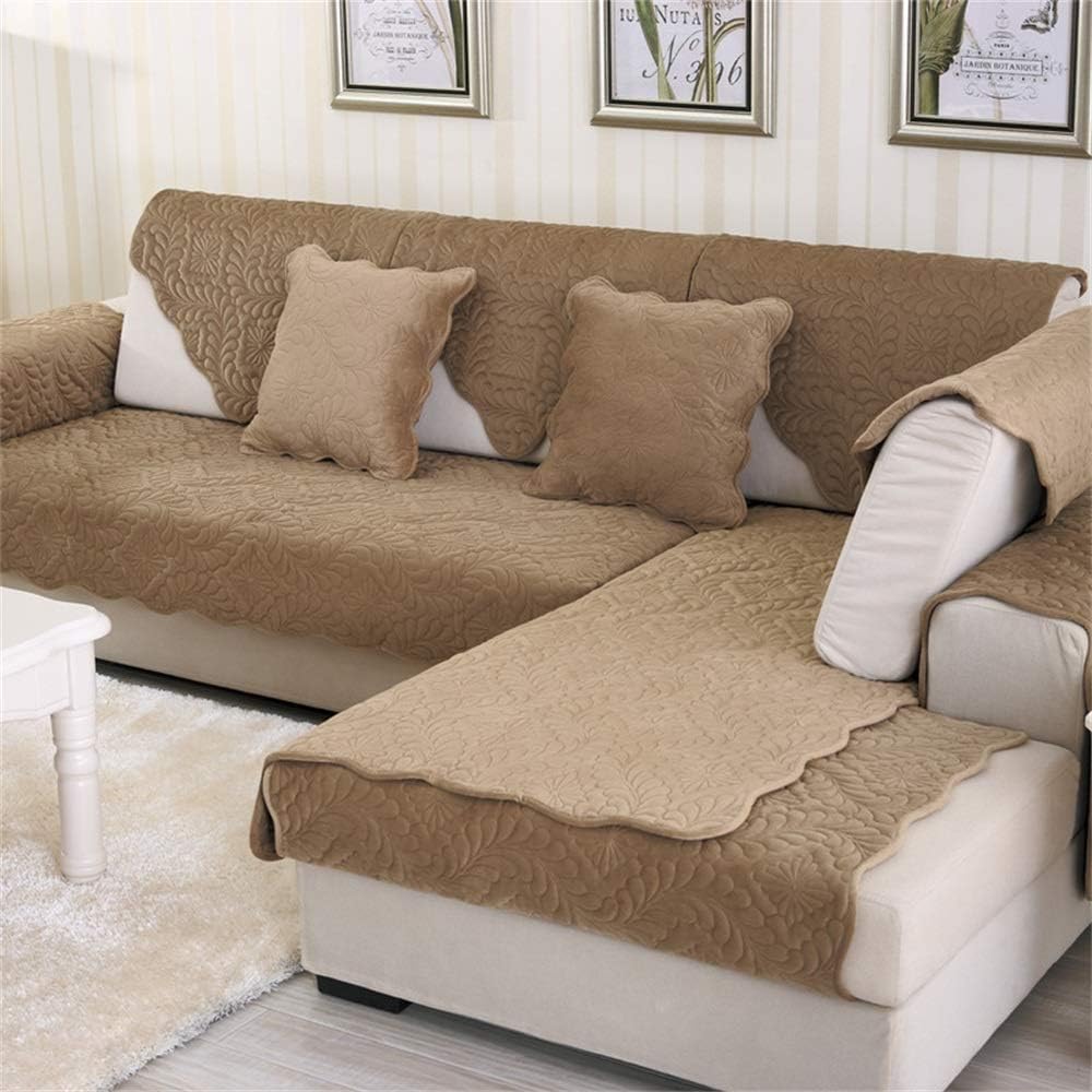 Super Soft Plush Couch Cover,Non Slip Sectional Couch Cover,Quilted L Shape Sofa Cover,Thicken Sofa Slipcover for Kids Dogs Pets-Brown 45x45cm(Pillow)