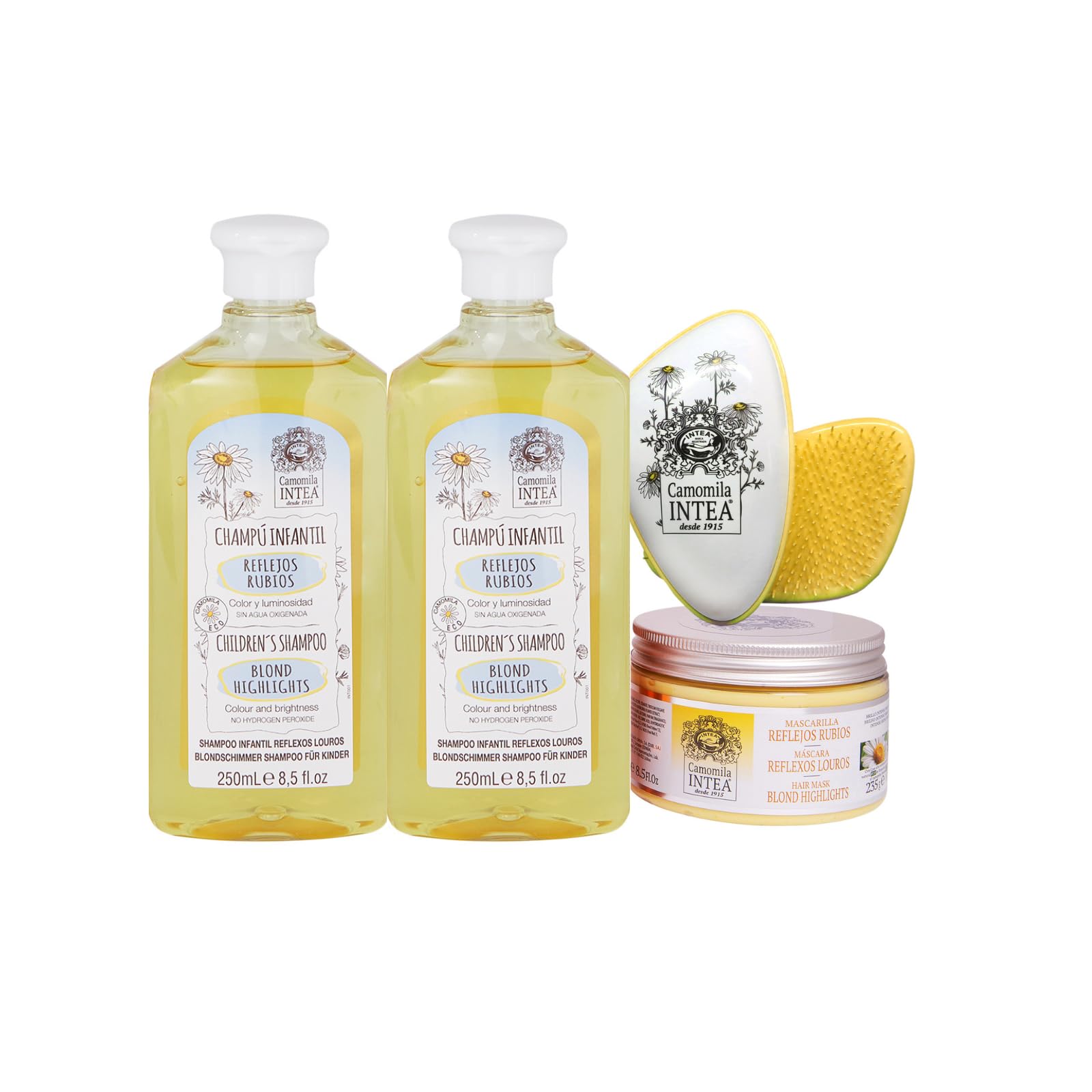 Camomila Intea - Champú Infantil Reflejos Rubios 2x250 ML + Mascarilla Reflejos Rubios 250 ML + Cepillo Especial Antienredos y Antitirones - Pack 2x250 ml + Mascarilla + Peine Desenredos
