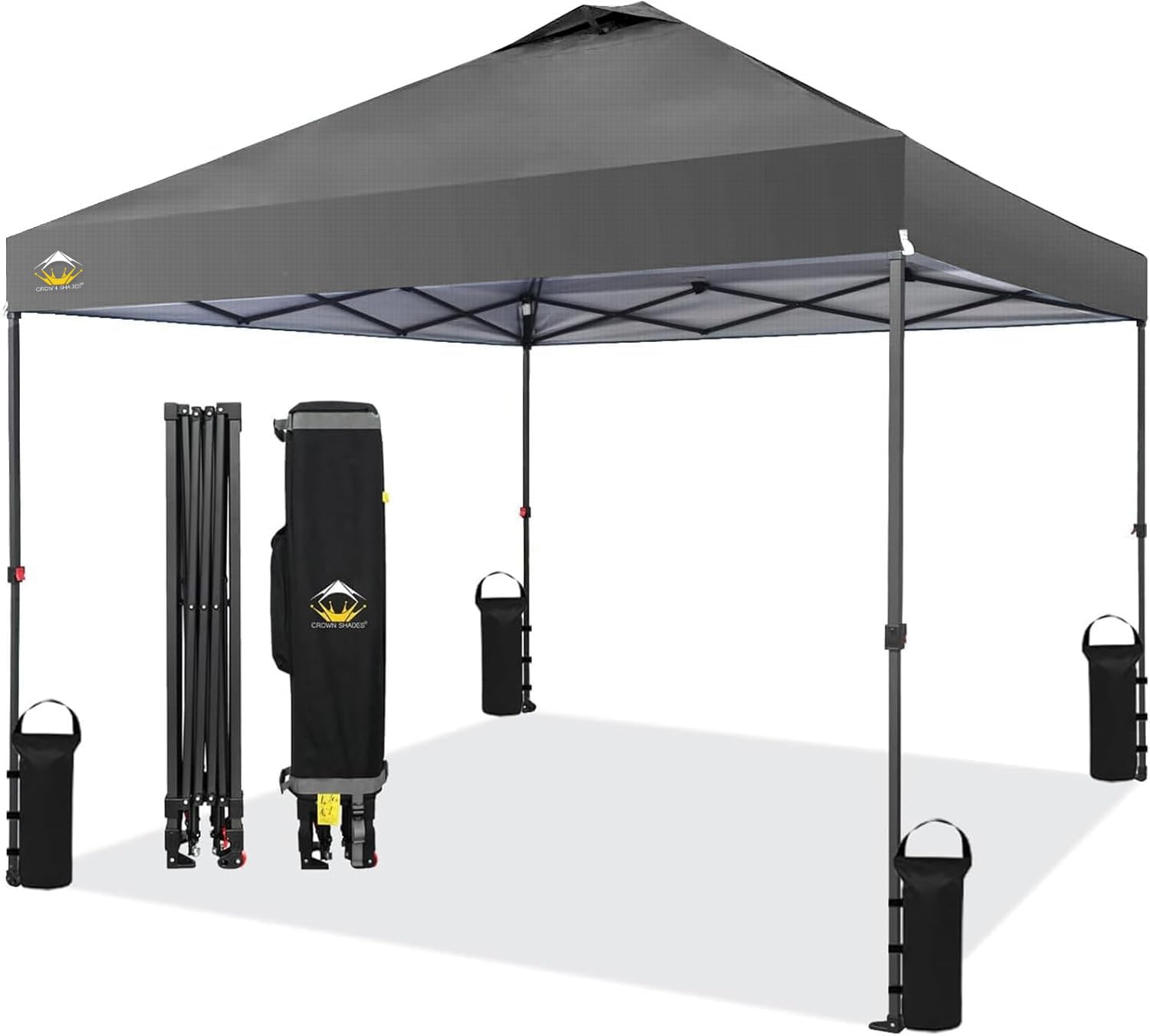 crown shades 10x10 pop up canopy tent - patented center lock one push instant outdoor canopy beach tent with sto-n-go bag 8 stakes & 4 sand bags?grid grey
