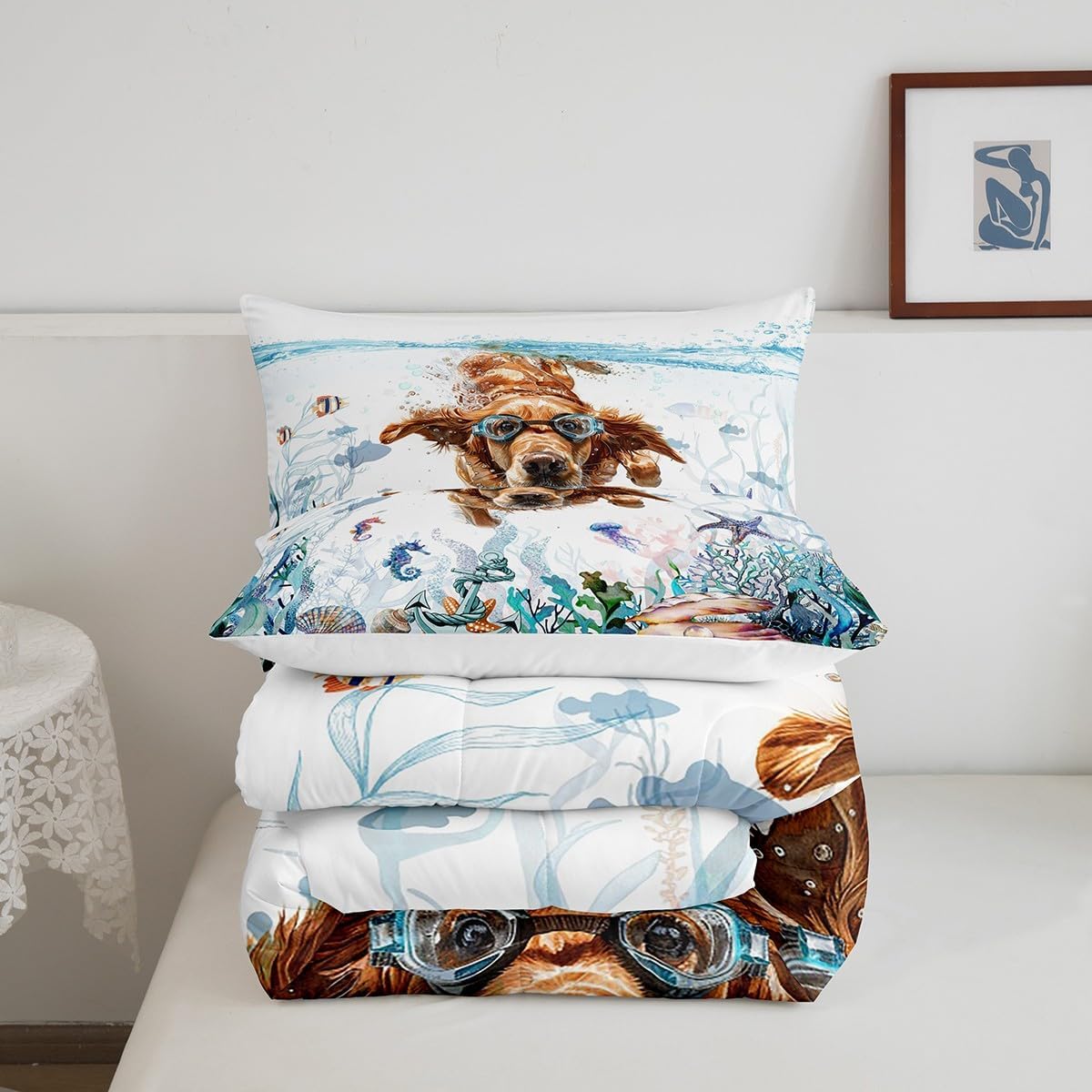 Feelyou Cute Dog Bedding Set Boys Girls King Size Kawaii Animals Comforter Set for Kids Women Men Ocean Comforter Puppy Dog Duvet Set Room Decor Quilt Set