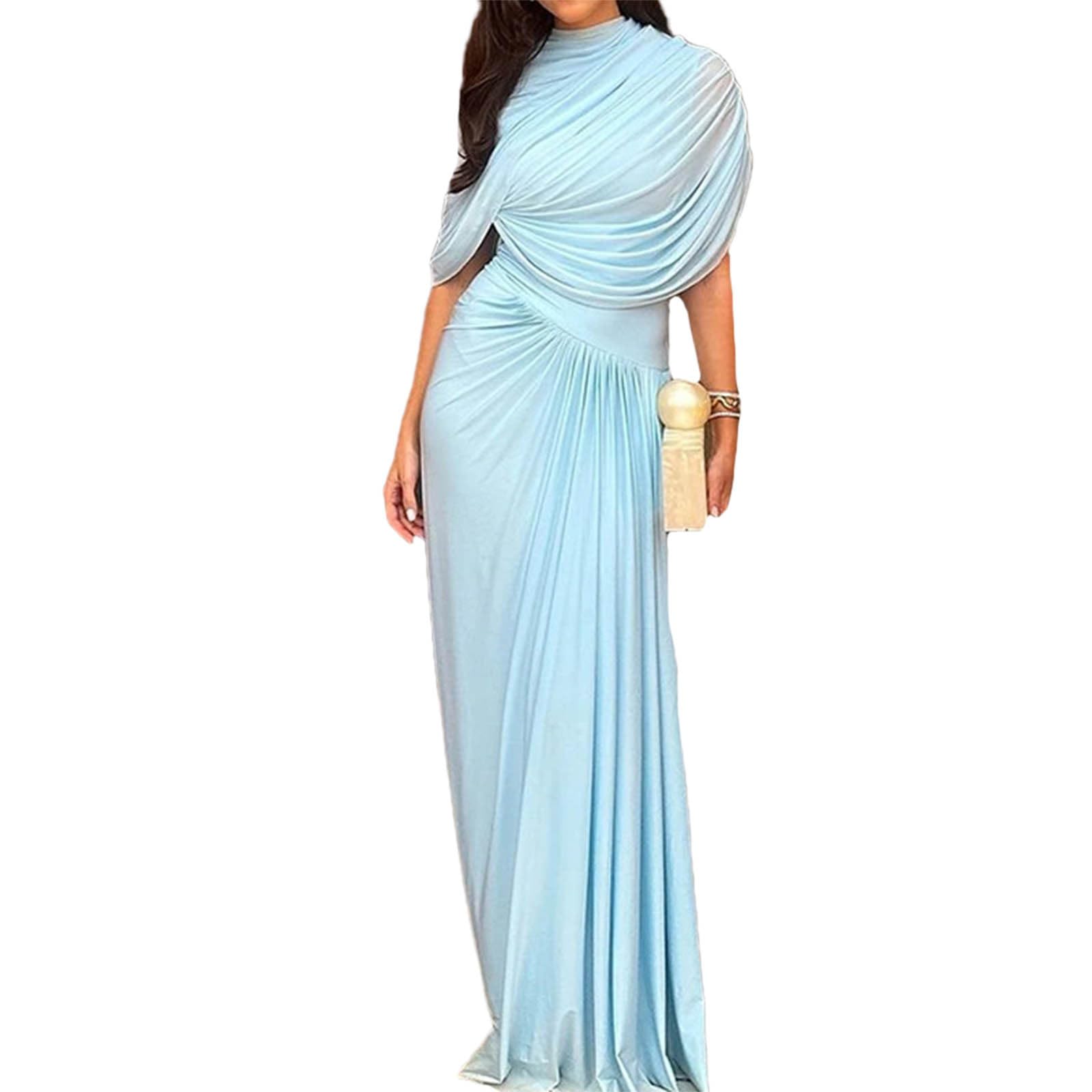 Women Elegant Maxi Dress Asymmetric Ruched Party Cocktail Formal Bodycon Dresses Wedding Guest Solid Evening Gown