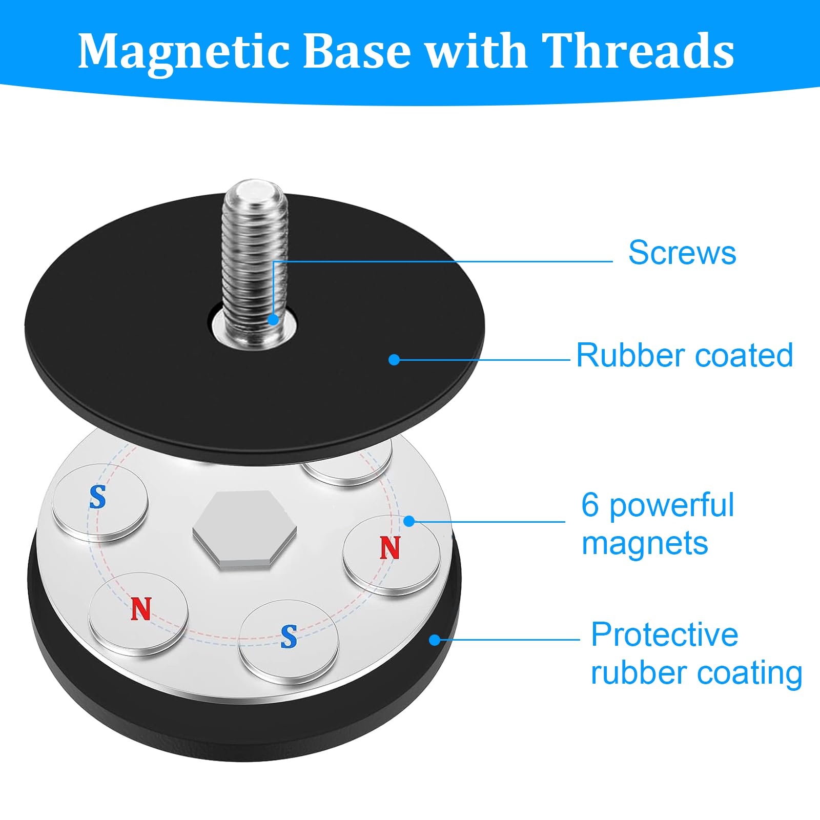 Mizikuu Aimants En Néodyme, 6 Pièces Aimant En Pot Fraisé Caoutchoutés 43mm Avec Filetage Extérieur M6