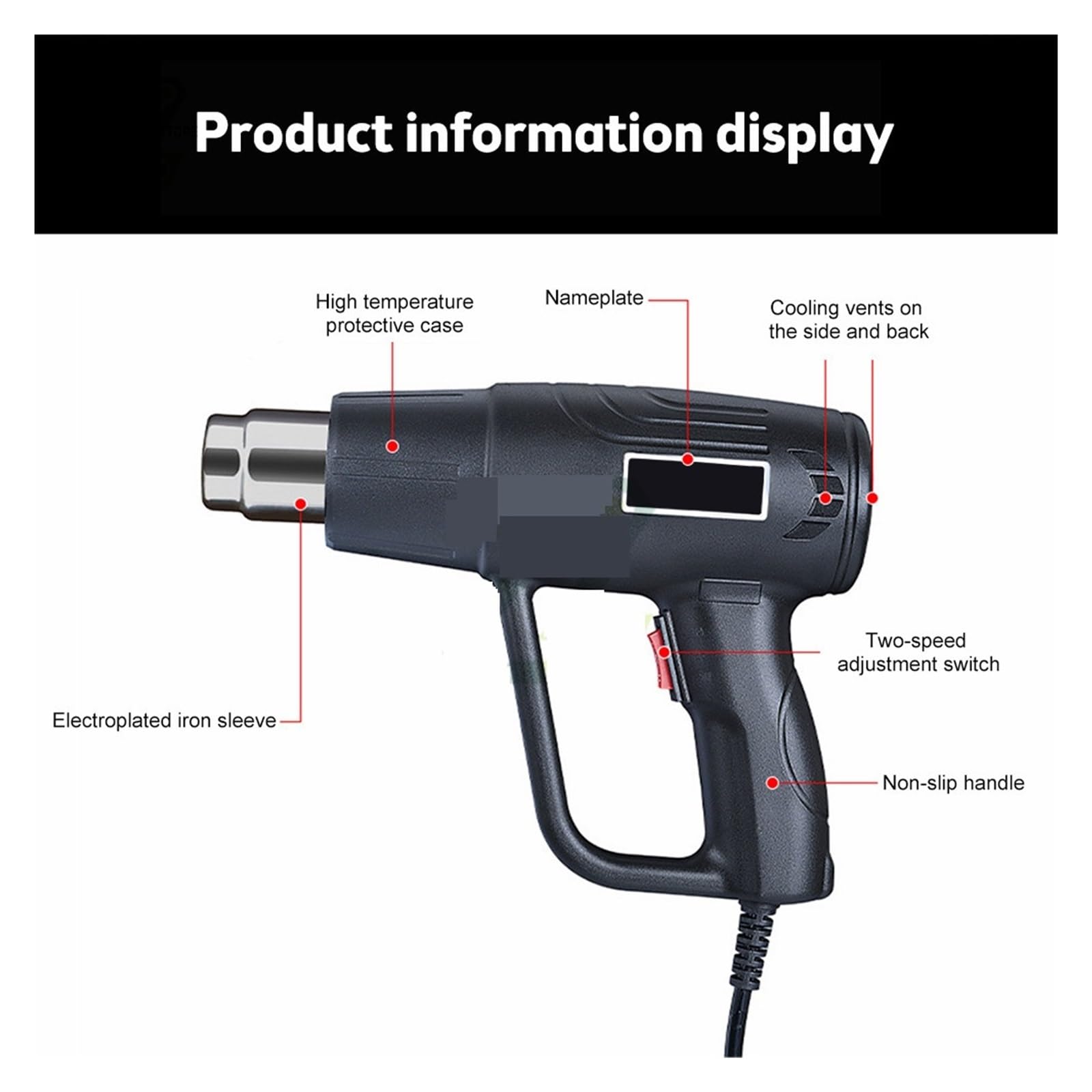 Pistola de aire caliente eléctrica de 2000 W, herramienta eléctrica, secador de pelo de temperatura variable, calentador, bricolaje, calentamiento rápido