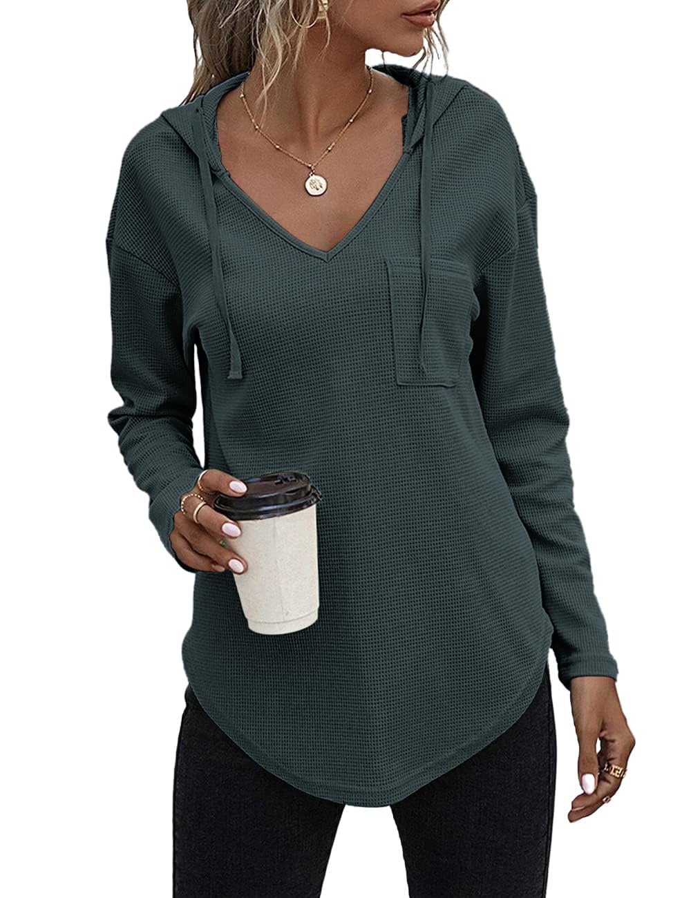 Cuptacc Felpa Donna con Cappuccio 2024 Maglione Scollo A V Autunno Maglia Manica Lunga Camicia Elegante
