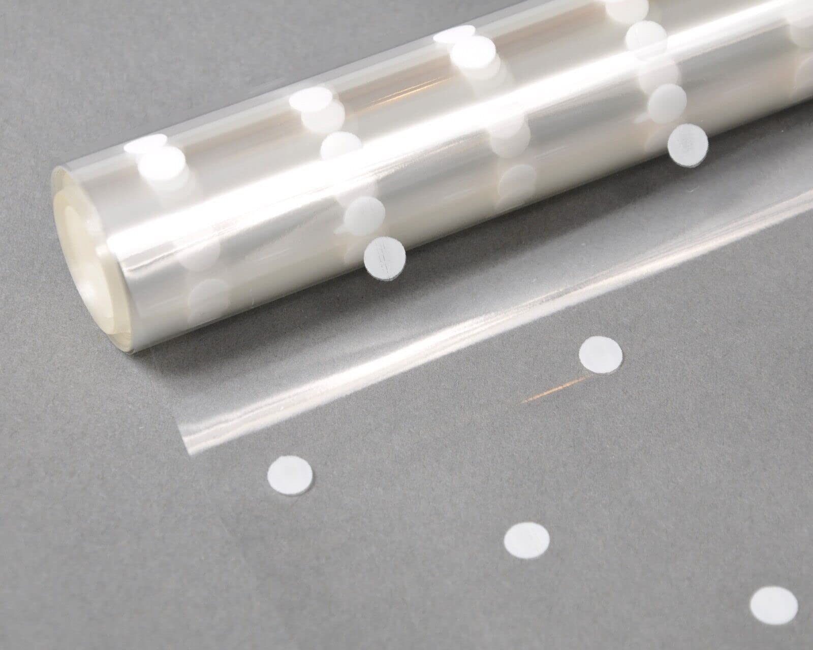 Cellophane Wrap Hamper Florist Film - 800mm Wide x 100m Long - 1 Roll - White Dot | Wrapping Paper & Gift Wrap for Bouquets, Baskets & Hampers – Supplied On a Cardboard Core — image 1