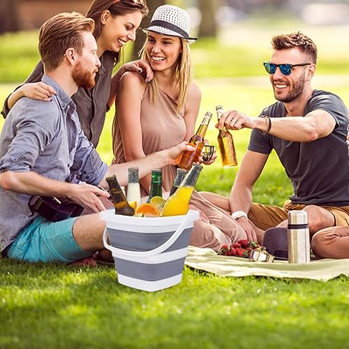 Miniatura 7 de Paquete de 2 cubos plegables pequeños, 1.4 galones/5 litros sin BPA, cubos de agua plegables para lavado de autos, campamento, playa, juego de Gris