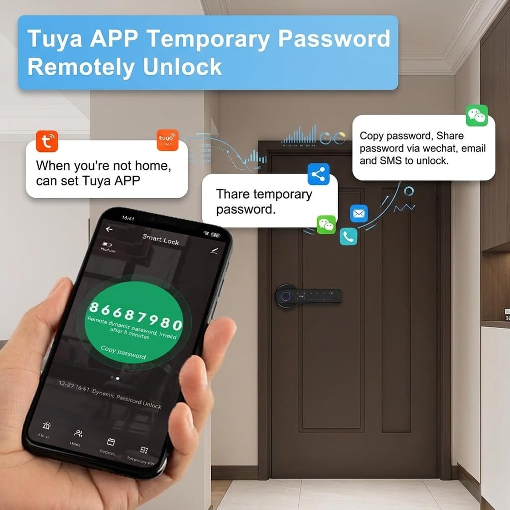 Serrure intelligente à empreintes digitales, 5 modes d'accès : empreinte digitale, code PIN, carte IC, clé mécanique et pilotage par application. Convient aux appartements et bureaux.