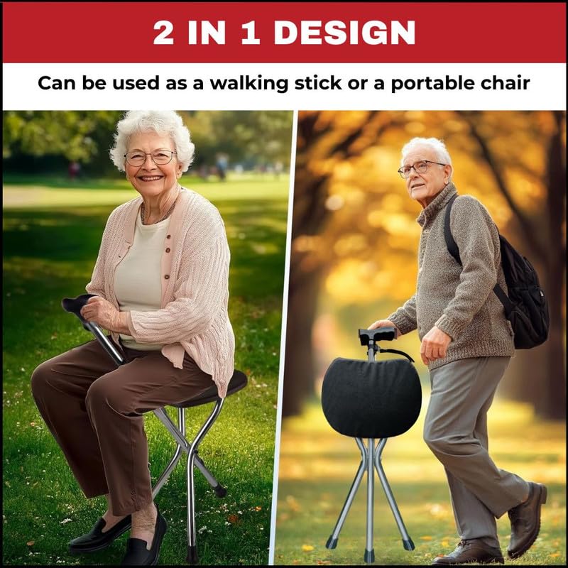 Image of Crysendo Walking Stick Cum Seat for Elders | Stick Chair Folding Durable & Comfortable Cane stik Stool | Easy Carry Cane Chair Travel Hiking Hand Stick Cum Stool (Black) (Black (3 Legs))