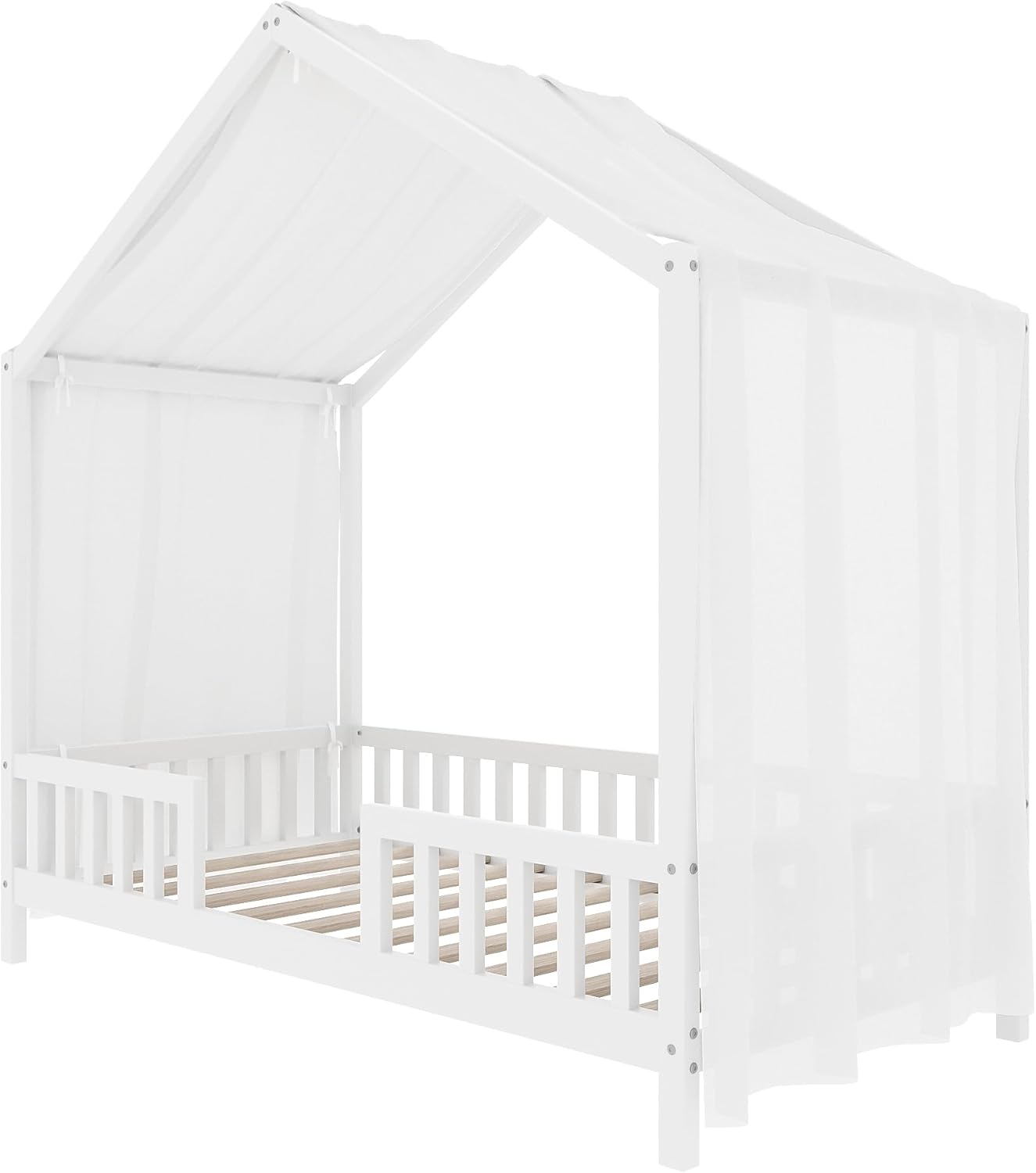 Twin House Bed for Kids with High Rails, Montessori Floor Bed Twin with Roof & Canopy, Wood House Beds Frame for Boys Girls, No Box Spring Needed, White