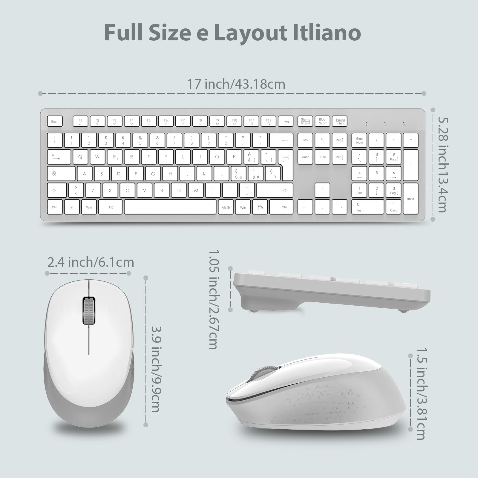 LeadsaiL Kit Tastiera e Mouse Wireless 2,4 GHz Layout Italiano QWERTY, Bianco e Grigio