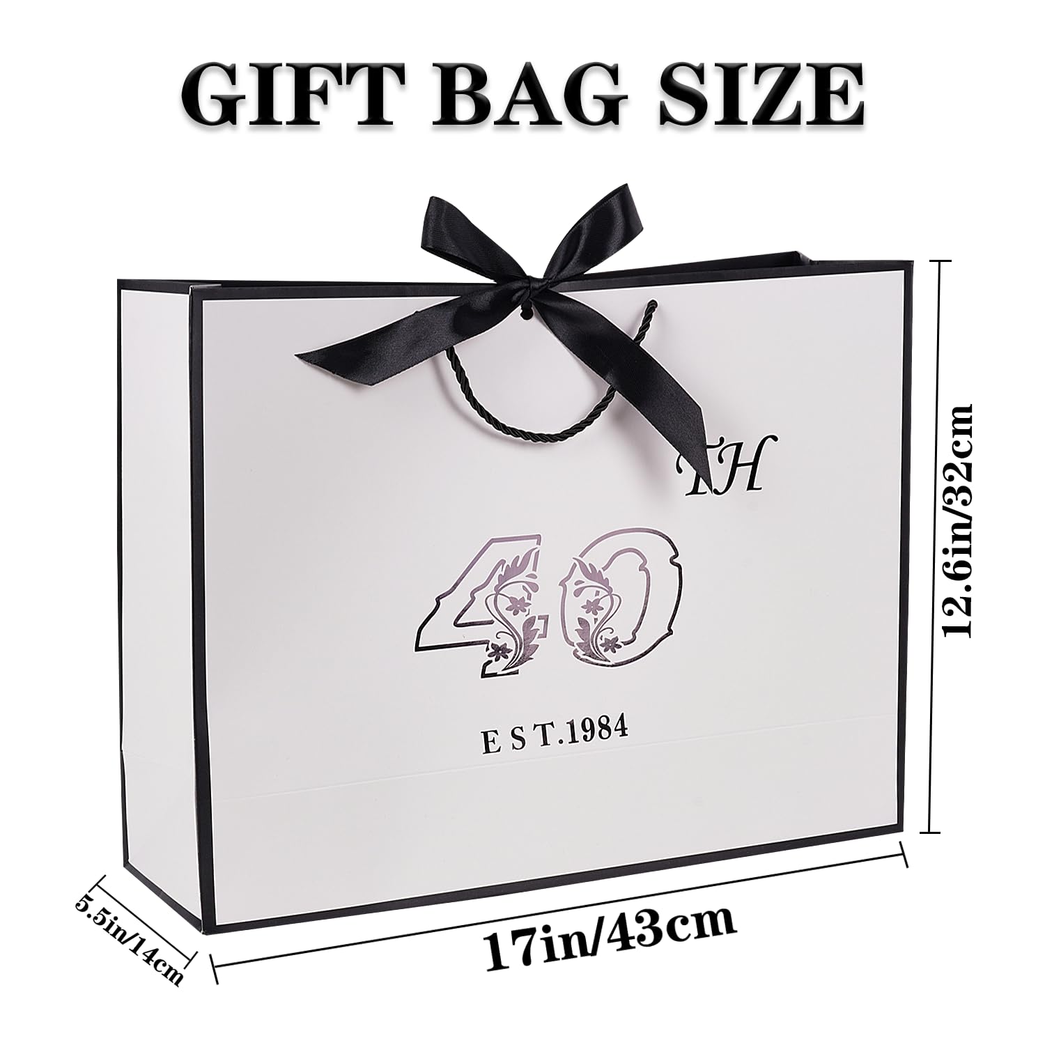 Extra Große Geschenktüte "40" Im Vintage-Stil - 32,6x43,2x14 Cm, Mit Band, Metallic-Druck