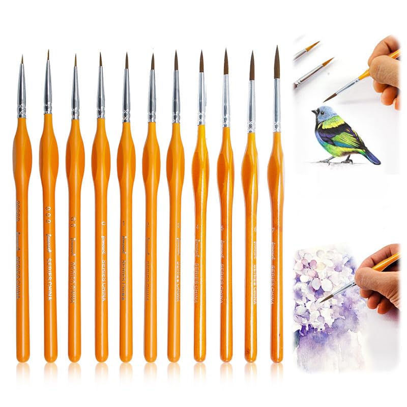Image of 11 Pcs Miniature Detail Paint Brush Set with Natural Wood Handle,2024 New Miniature Paint Brushes,Mini Small Painting Brushes for Art, Crafts, Acrylic, Watercolor, Oil, Model, Face(Orange)