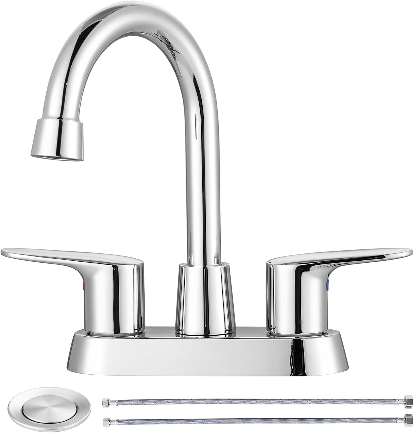 4 Inch Bathroom Faucet 3 Hole, 2 Handle Centerset Bathroom Vanity Sink Faucet, 360° Swivel Spout Lavatory Modern Bathroom Faucets with Pop-up Drain Assembly and 2 Hoses(Chrome)