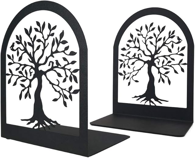 Tree of Life Decorative Book Ends, Heavy Duty Metal Bookends, Black Book Support for Shelves, Anti Scratch & Non-Skid School Library Book Organizer for Home Office Desk, Student Bookworms Gift,1 Pair