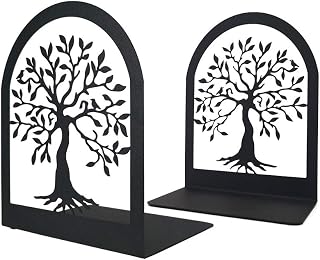 Tree of Life Decorative Book Ends, Heavy Duty Metal Bookends, Black Book Support for Shelves, Anti Scratch & Non-Skid School Library Book Organizer for Home Office Desk, Student Bookworms Gift,1 Pair