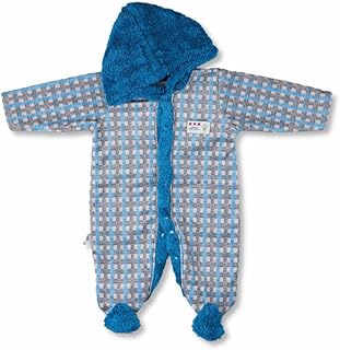 سالوبيت بكباسين للاطفال البيبي انيق وبنقشة مربعات وغطاء للرأس - لون ازرق (0-3 شهور)