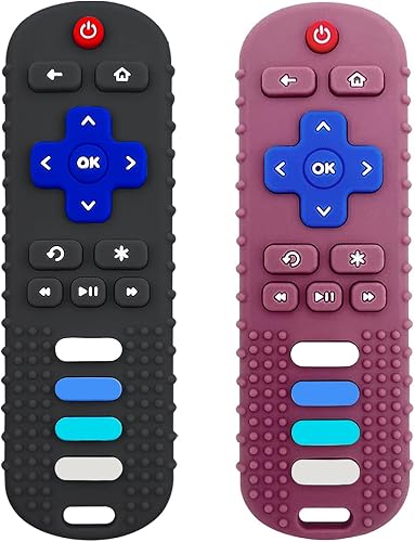 ROBBEAR Baby Teething Toys, Food Grade Silicone Teether for Babies 3 6 12 18 Months, TV Remote Shape Toddlers Chew Toys, Freezer BPA Free (Black+Red)