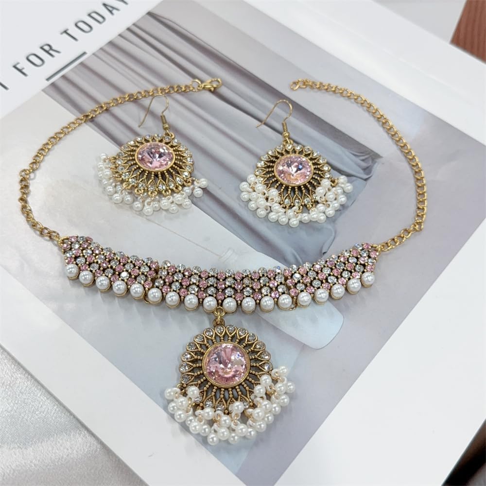 Bollywood Indian Necklace Earring Jewelry Sets for Women Imitation Crystal Ethnic Punk Choker Necklace Dangle Drop Earrings Diwali Festival Traditional Boho Jewellery for Wedding Bridal Prom Wear - Image 5