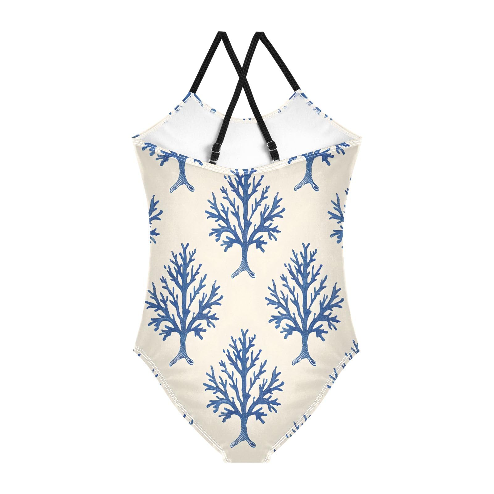 Blue Coral Pattern Girls One-Piece Swimsuit Beach Swim Bathing Suit