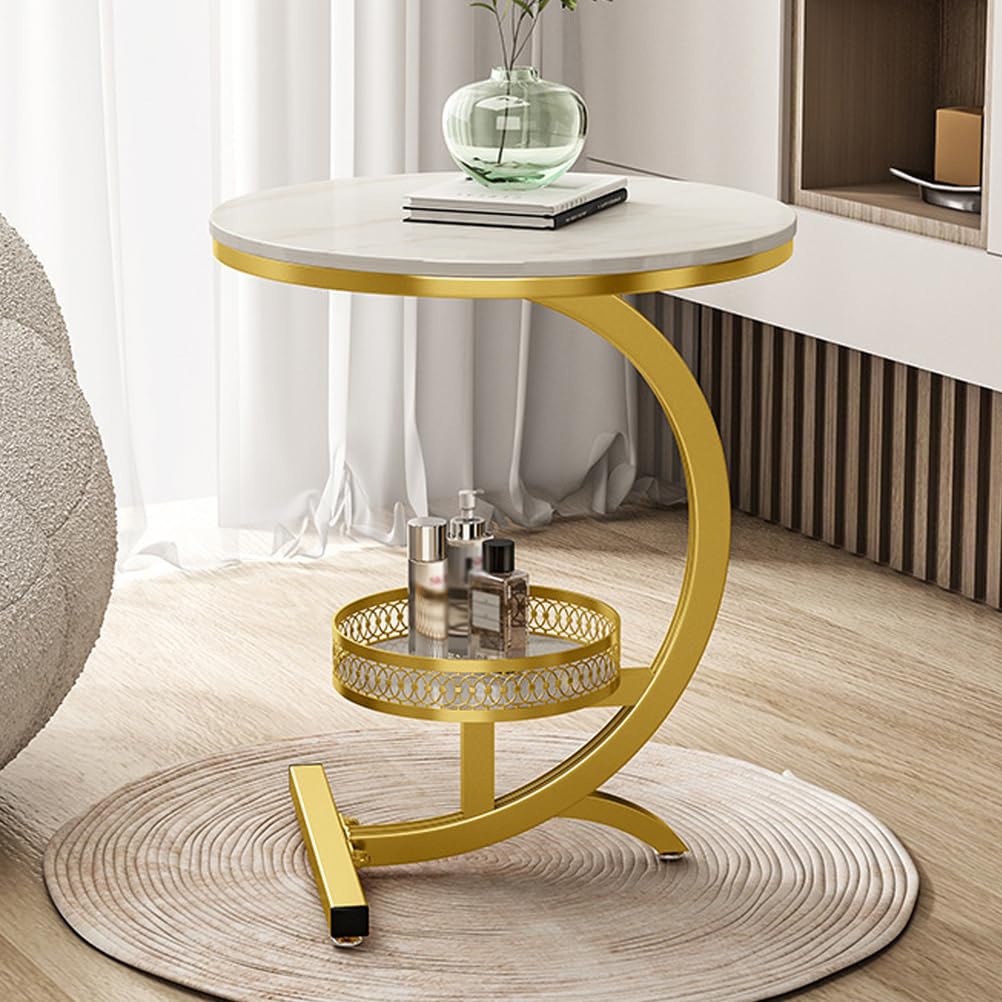 SXZenSpace 2-Tier Storage Shelf C-Shaped End Table for Couch, Round Side Tables TV Tray with Sturdy Metal Frame,Couch That Slide under Living Room,Bedroom,gold,A