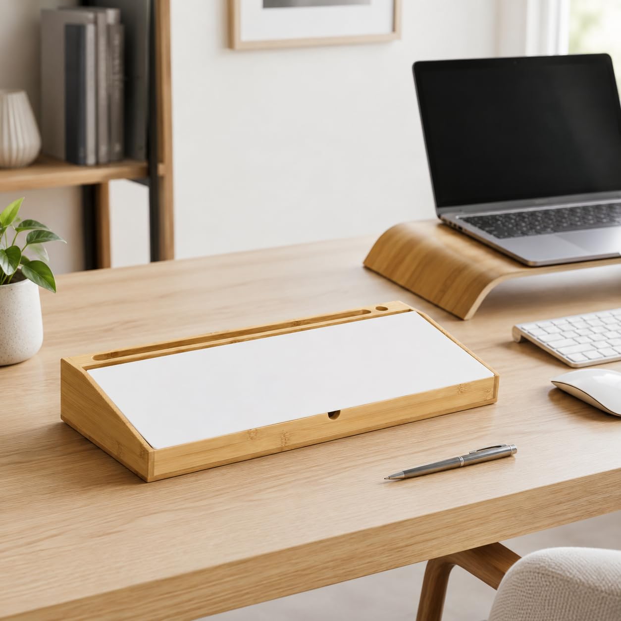 Organizador de escritorio de bambú con pizarra blanca, 45 x 18 x 6 cm, varios compartimentos, tapa para notas, oficina en casa