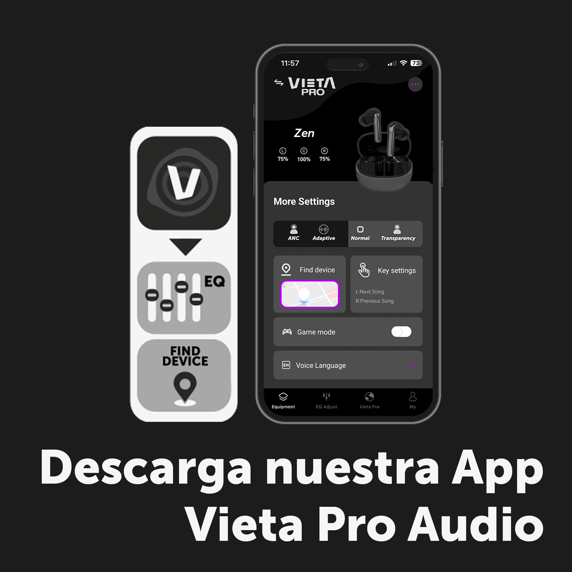 Vieta Pro Auriculares Bluetooth 5.4 con cancelación de Ruido Activa | Cascos inalambricos TWS In-Ear con Micro y Noise Cancelling, Hi-Res Audio, Modo Gaming, 34h Autonomía, USB-C | Peace