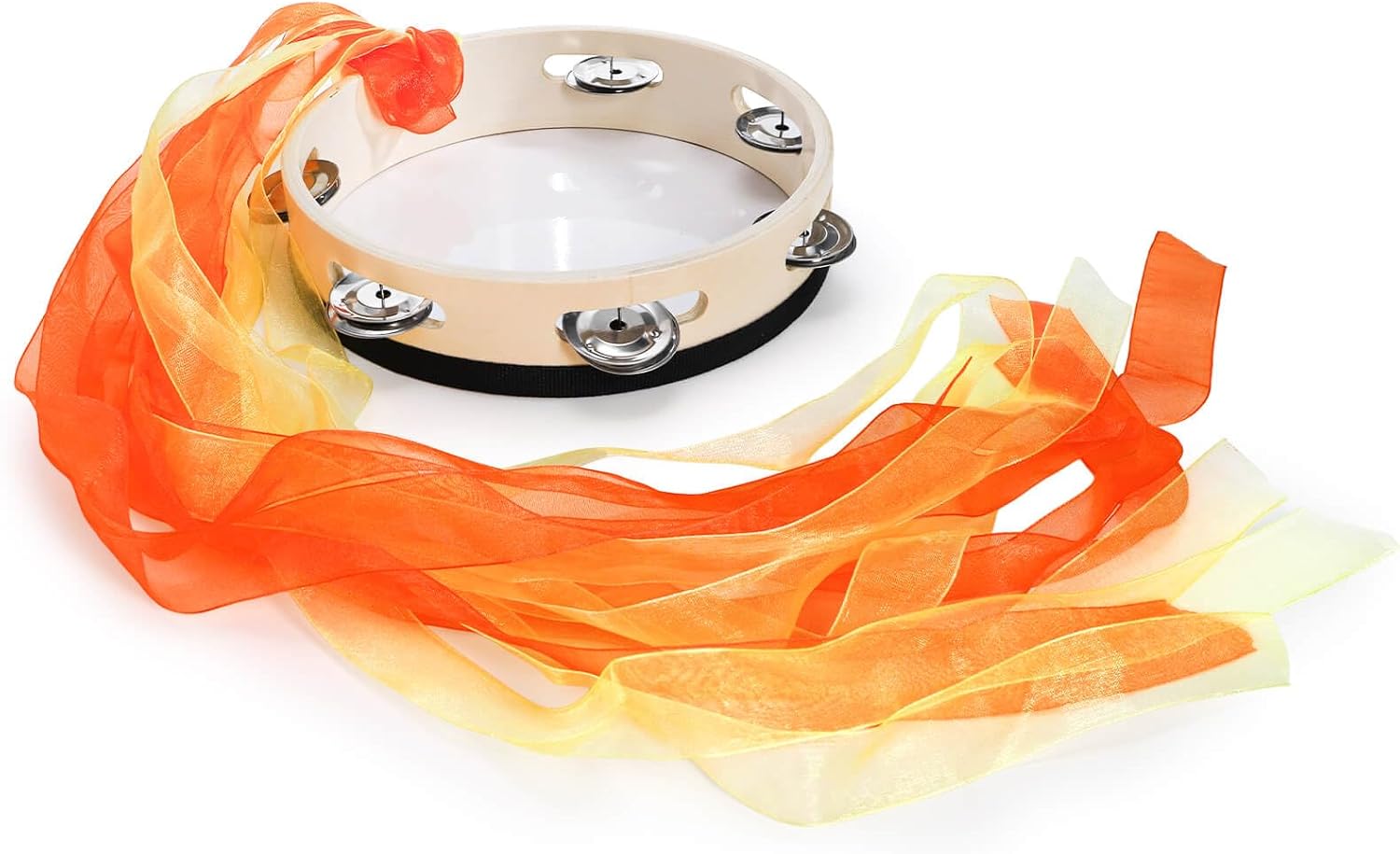 YOUEON 4 Pcs 8 Inch Colorful Tambourine with Single Row Jingles and Ribbons, Small Wooden Hand Held Drum, Percussion Gift, Tambourines for Adults, Dance, Photo Prop
