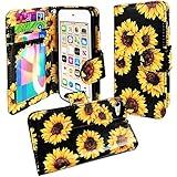 J.west iPod Touch 7th Generation Case, Sunflower iPod Touch Wallet case Floral Faux Leather Flip Case Cover with 3 Card Holder Kickstand and Wrist Strap for iPod Touch 5/6/7th Generation