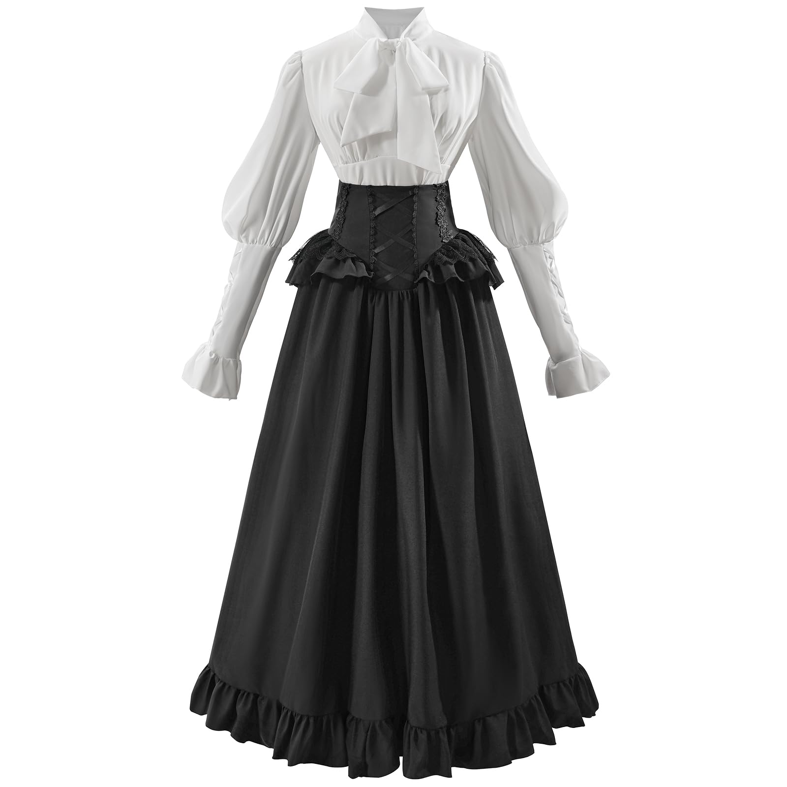 CR ROLECOS Black Victorian 2-Piece Dress 1800s Edwardian Ball Gown, Black-new, Large