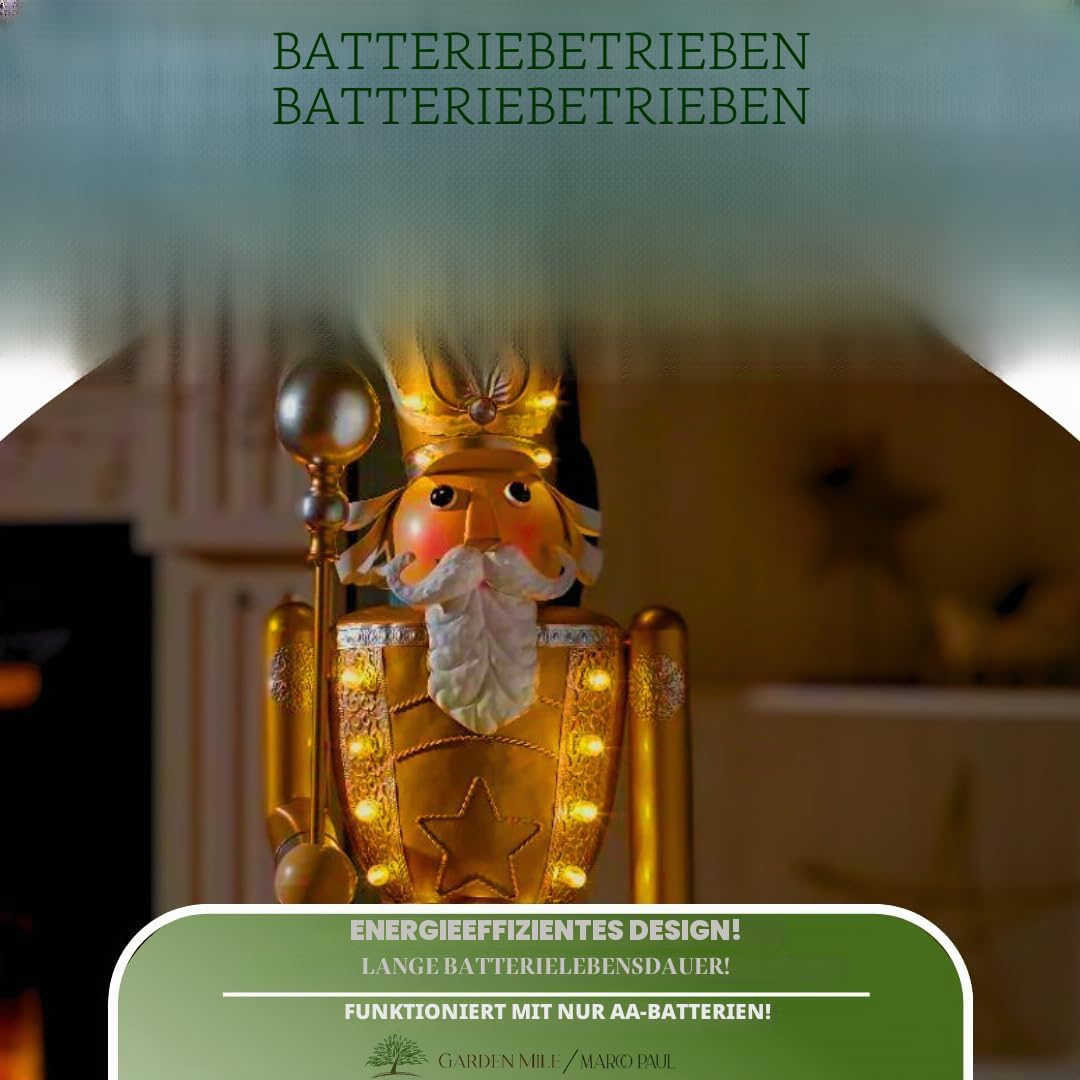 Marco Paul Riesen-Nussknacker, 119 cm, Weihnachts-Metall beleuchtet traditionelle Festliche Figur mit 23 warmweißen LEDs Innendekoration, Neuheit, Ornament batteriebetrieben, beleuchtet (Gold & Weiß)