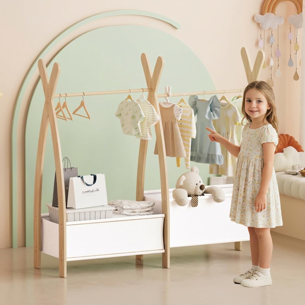 NACHES Kinder Kleiderständer Holz, Garderobenständer mit Aufbewahrungskiste und Kleiderstange, Kindergarderobe für Kinderzimmer, Mädchen (104 x 39,5 x 95cm)
