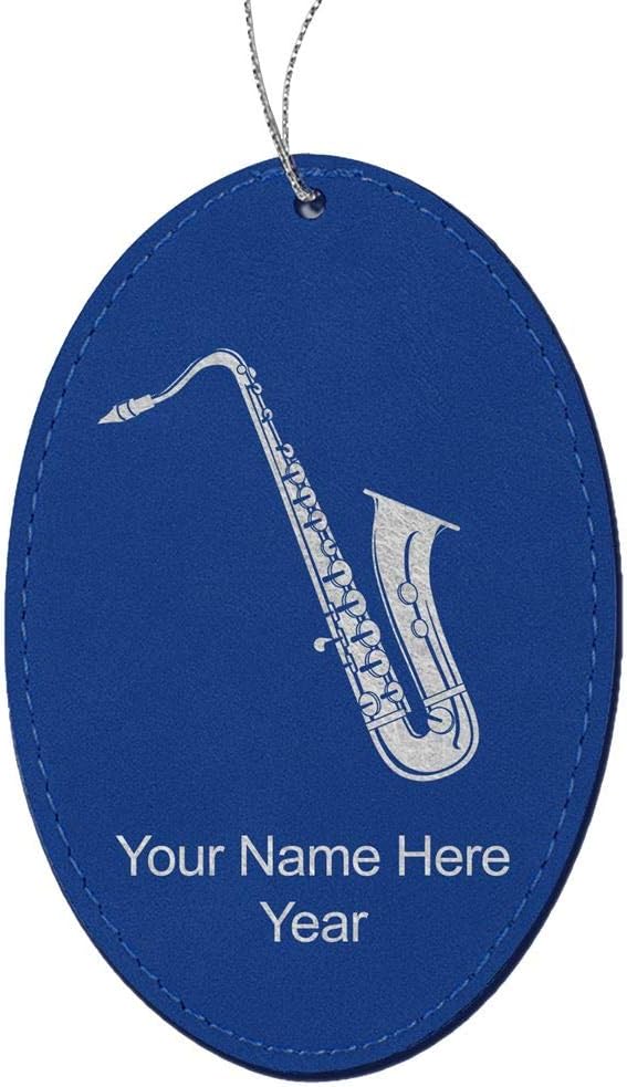 LaserGram Personalized Christmas Ornament, Saxophone, Faux Leather, Custom Laser Engraved Gift Idea (Oval Shape, Black with Silver)