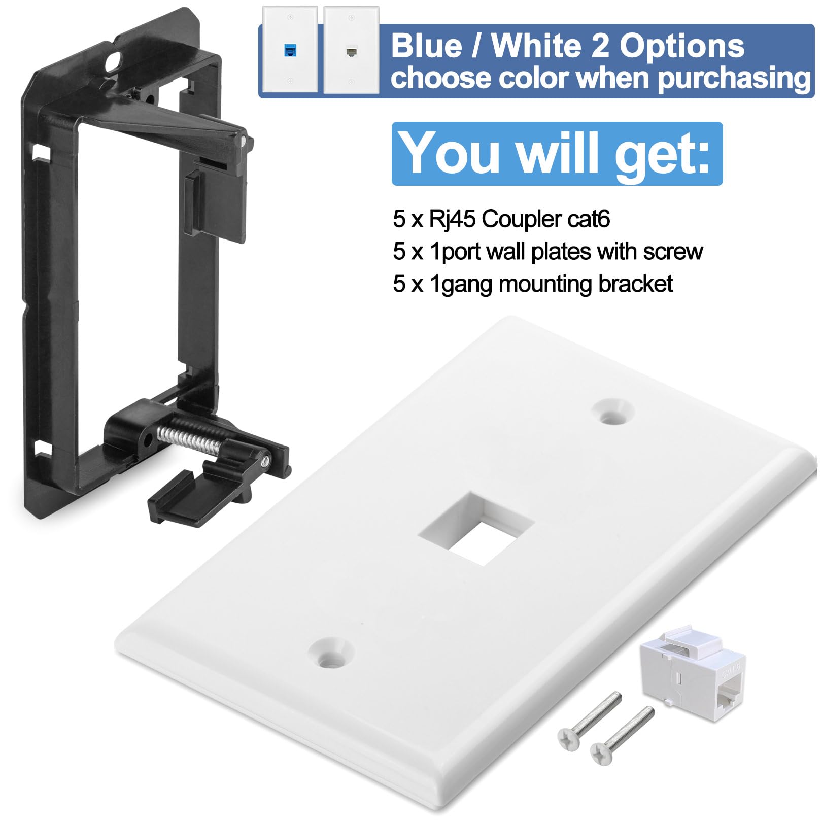 Lot de 5 plaques murales Ethernet RJ45 Cat6 Keystone Jack Prise réseau Blanc 1 port 2 coupleurs en ligne avec support de montage basse tension