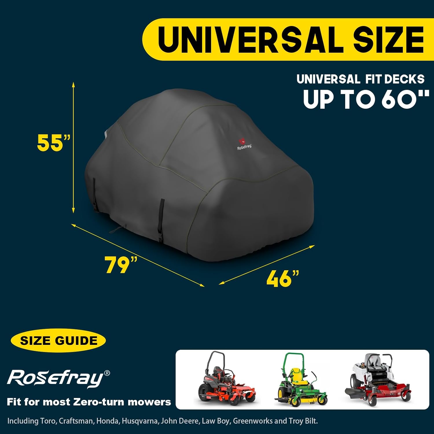 Rosefray Zero Turn Mower Cover,Waterproof 420D Marine Grade Fabric-Universal Fit for John Deer,Cub Cadet Zero Turn Up to 60" Lawn Mower Decks,Dimensions: 79" L X 46" W X 55" H Black
