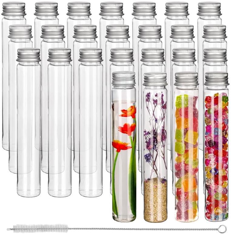 Kurtzy 25 Pack Clear Plastic Test Tubes with Screw Caps & Brush - 110ml Reusable Plastic Tubes for Storage, Test Tube Shots, Candy, Bath Salts & Beads