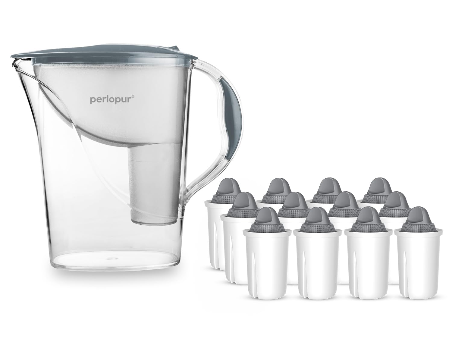 PearlCo - Filtr do wody standardowy (szary) z 12 wkładami filtrującymi Protect+ Classic (do twardej wody) – pasuje do Brita Classic