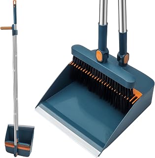 Besen- und Kehrschaufel-Set, Kehrbesen mit langem Stiel und aufrecht stehender Kehrschaufel mit Kammzähnen für den Innenbereich, Zuhause, Küche, Lobby, Garten, Büro, Zimmer (blau)