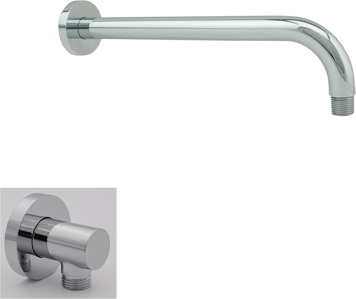 Aquaiaw Shower Arm and Wall Supply Elbow Bundle, 12 inch Shower Arm, Both Solid Brass, Both Polished Chrome